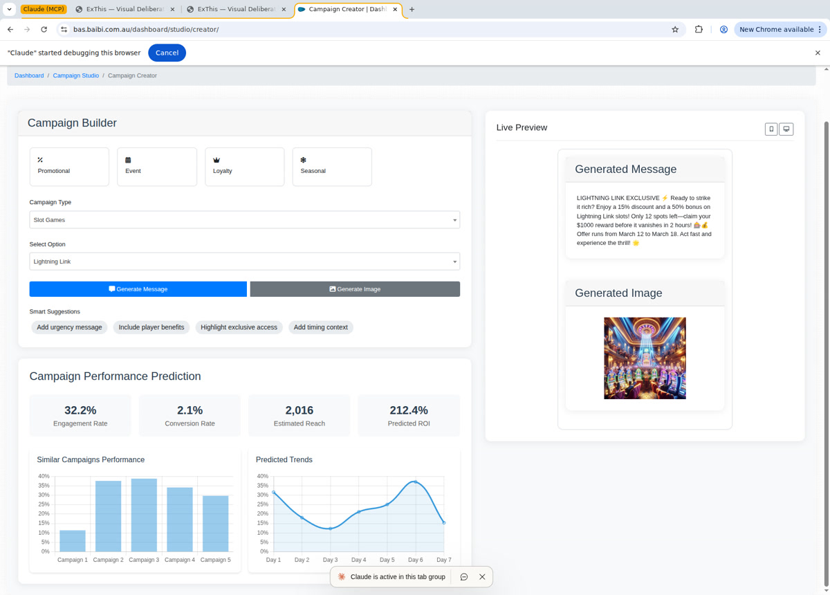AI Campaign Creator with generated marketing message and casino-themed promotional image