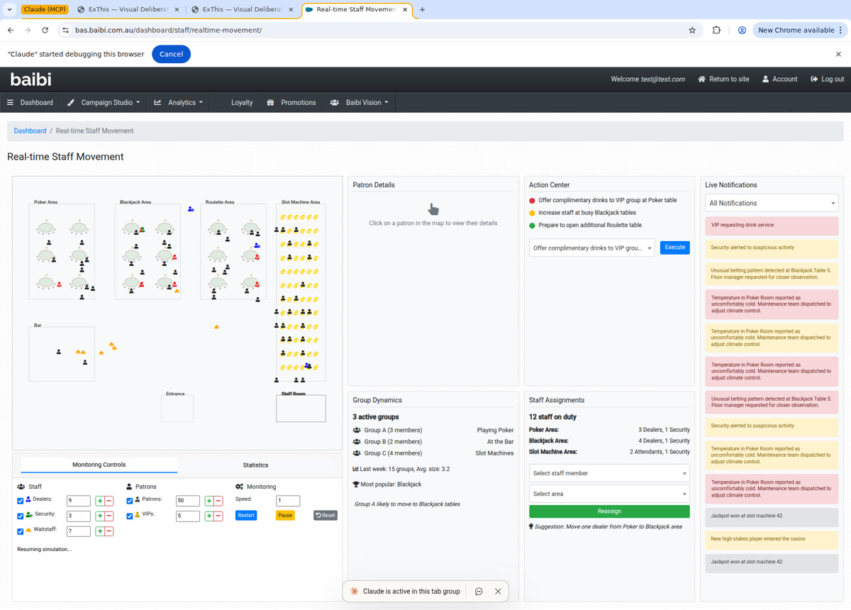 GeoC real-time floor tracking simulation showing staff positions across the venue