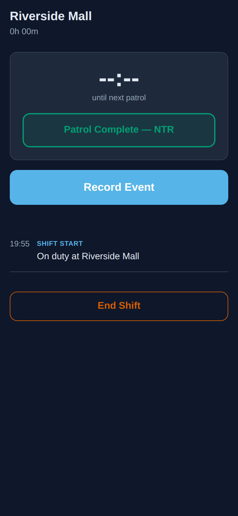 Active patrol shift with timer, countdown to next check-in, and event logging controls