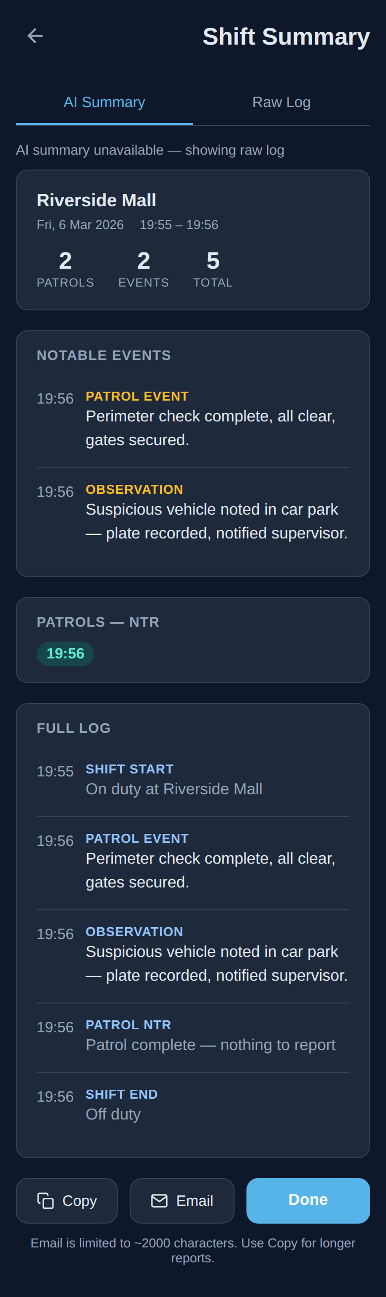 AI-generated professional shift summary ready for logbook entry