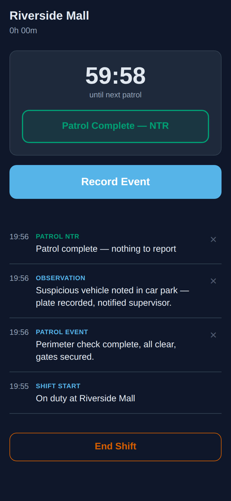 Patrol check-in log showing regular NTR entries throughout the shift