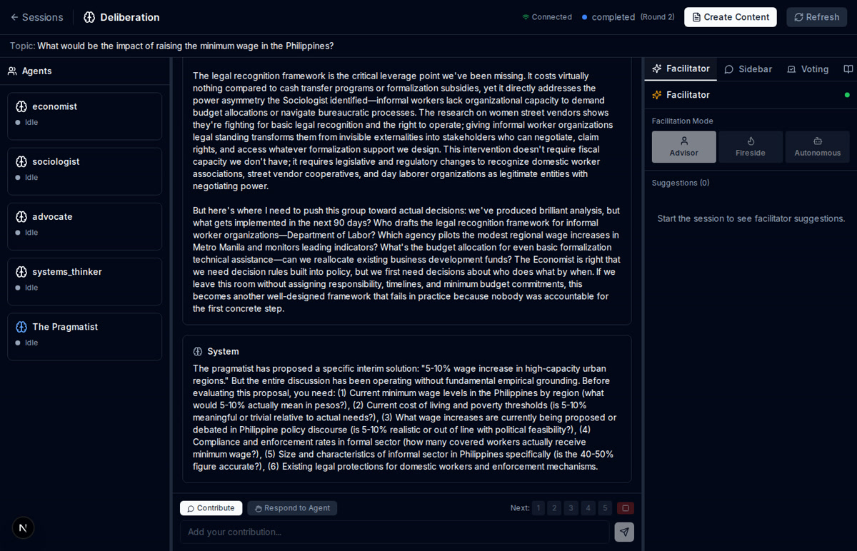 Live deliberation view with AI personas debating in real-time
