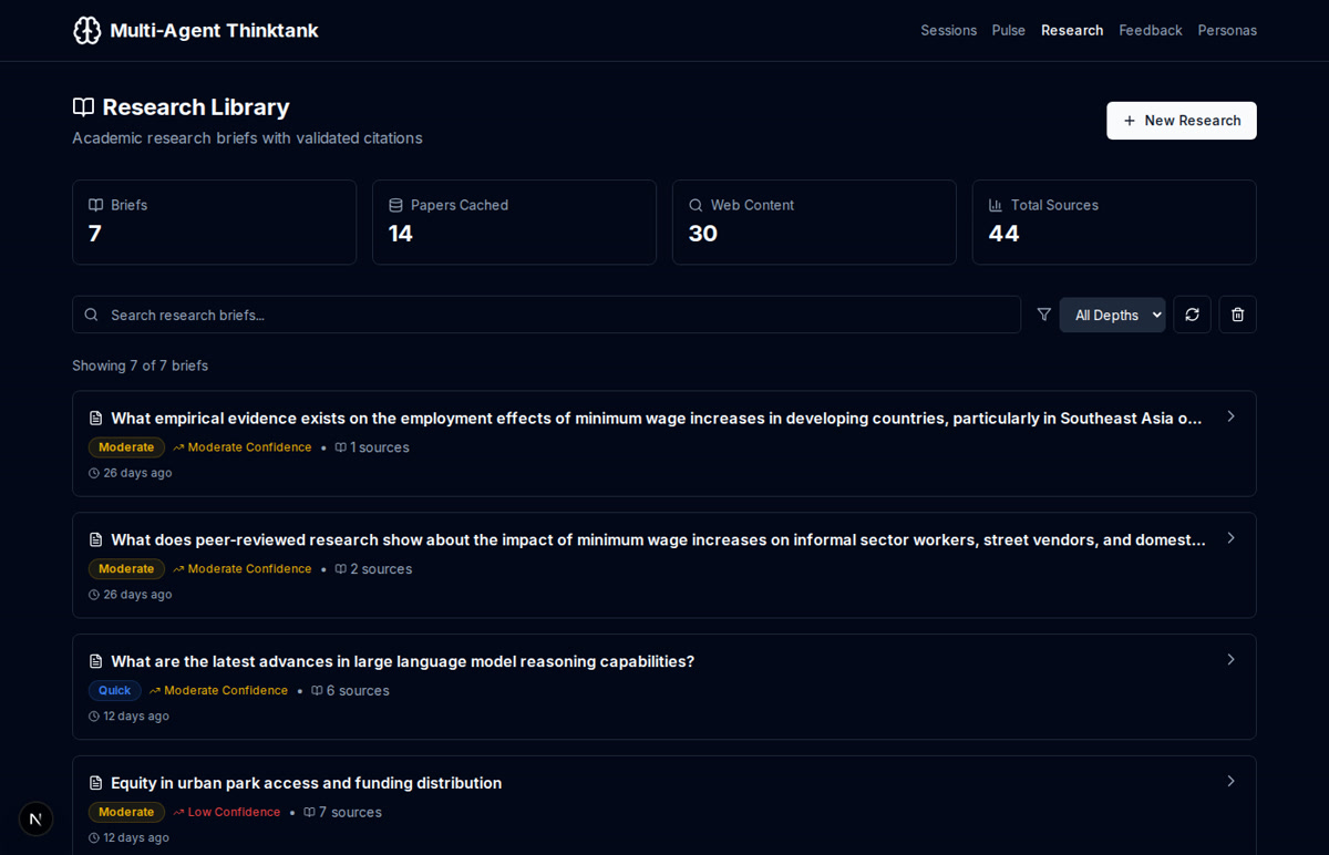 Research library with academic and web sources integrated into deliberations