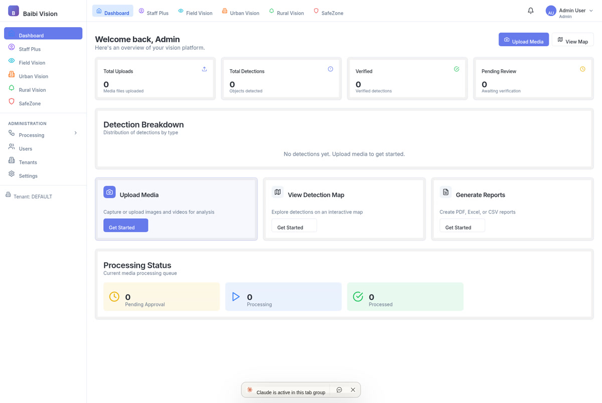 Baibi Vision central dashboard with detection statistics and operational overview