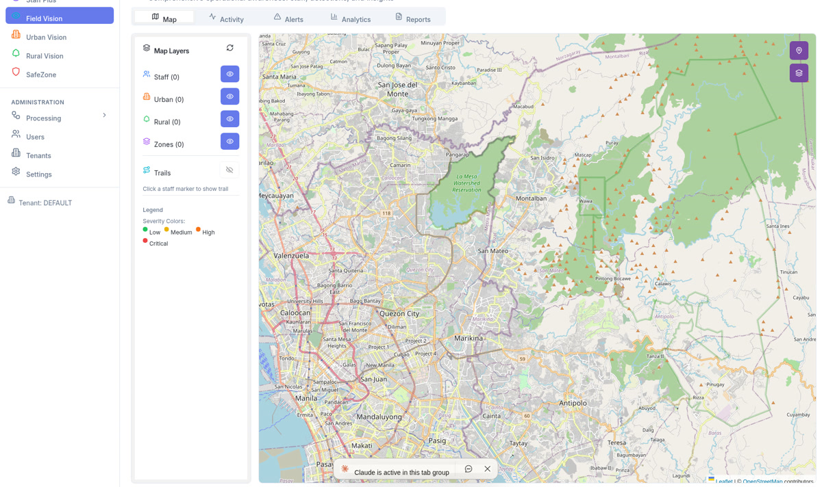 Baibi Vision field operations map with staff tracking and zone overlays