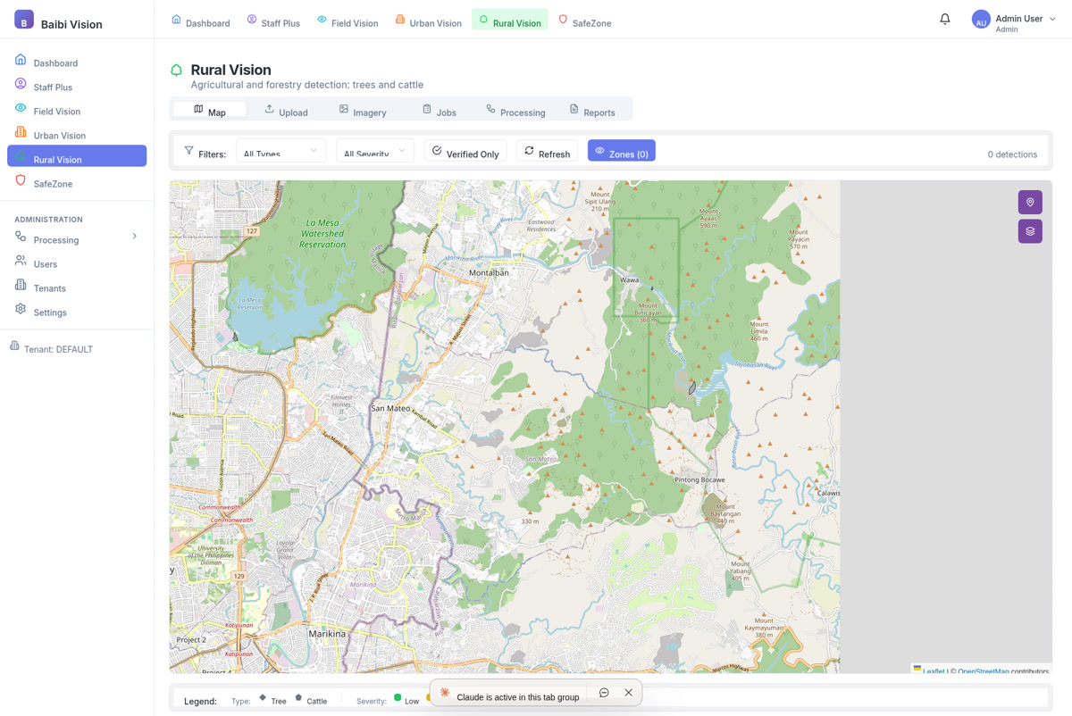 Agricultural detection showing tree counting and cattle identification results