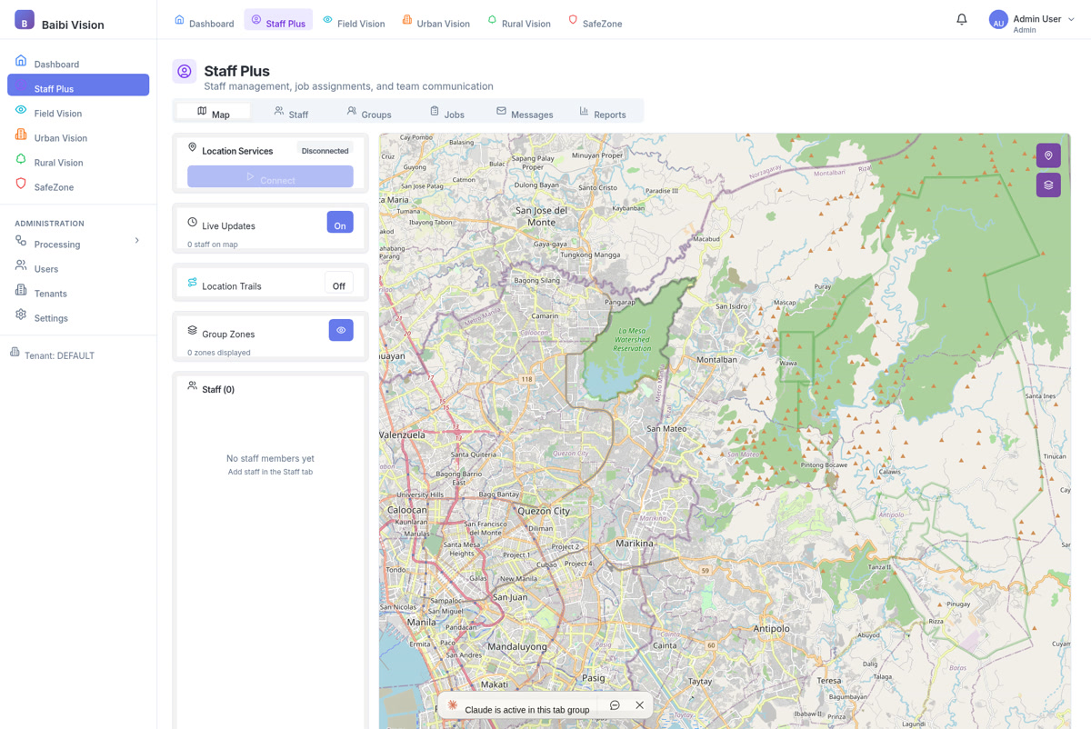 Staff tracking interface with GPS positions, movement history, and zone assignments