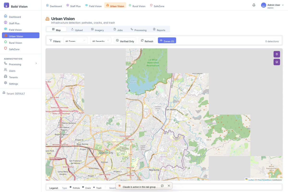 Urban infrastructure detection showing identified potholes, cracks, and litter